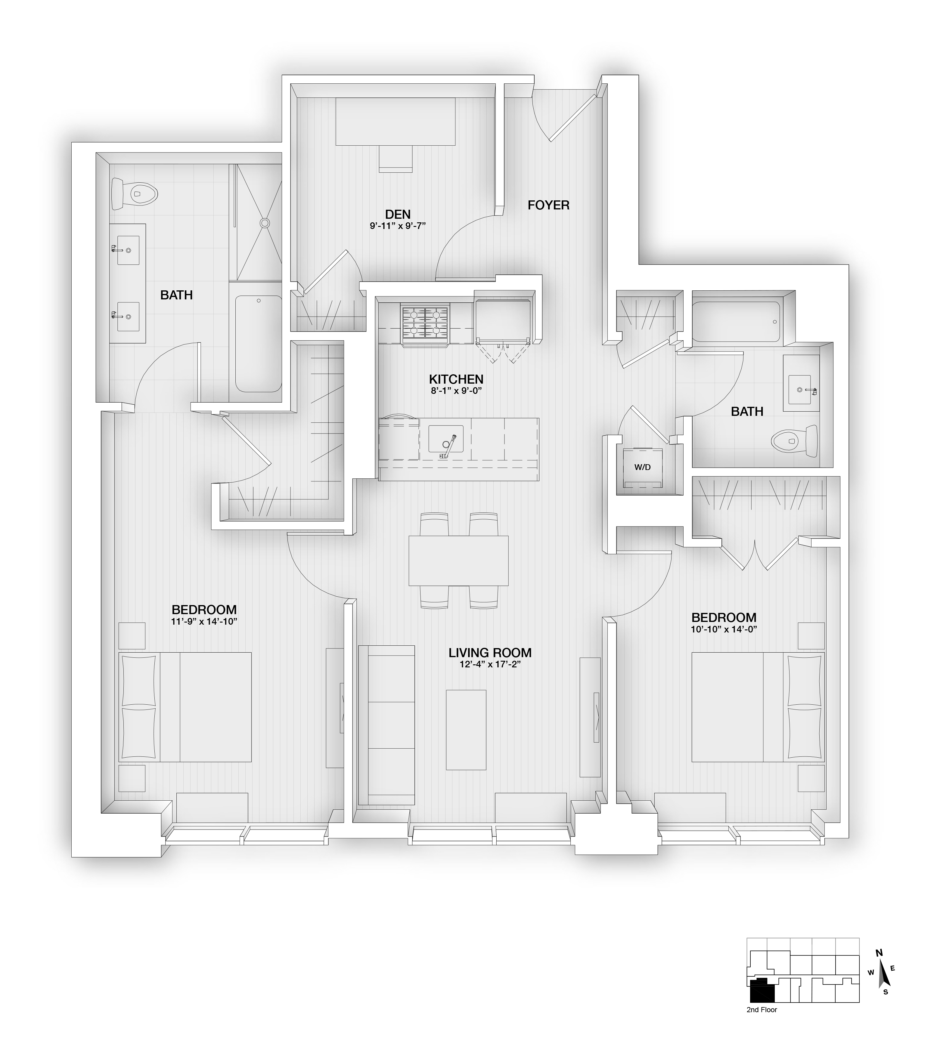 Floor plan for 3 beds, 2 baths, 1263 sqft